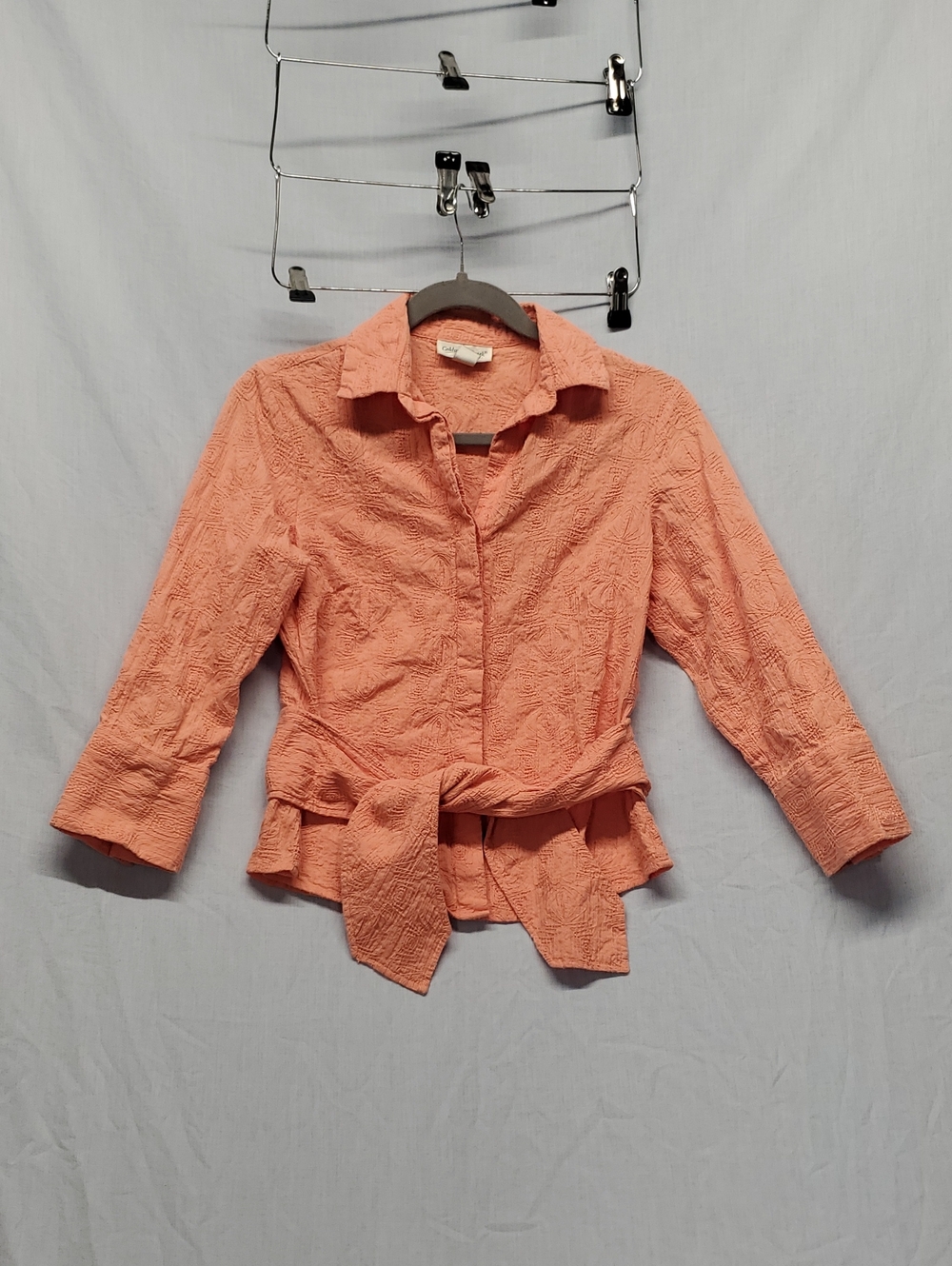 Coldwater Creek Peach Textured Tie-Waist Button Down Shirt